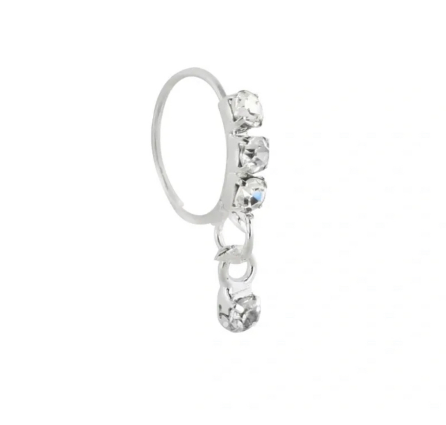 3 Stone Silver Dangle Nose Ring For a Pierced Nose