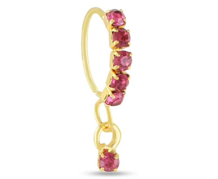 5 Stone Pink Dangle Gold Nose Ring For Pierced Nose