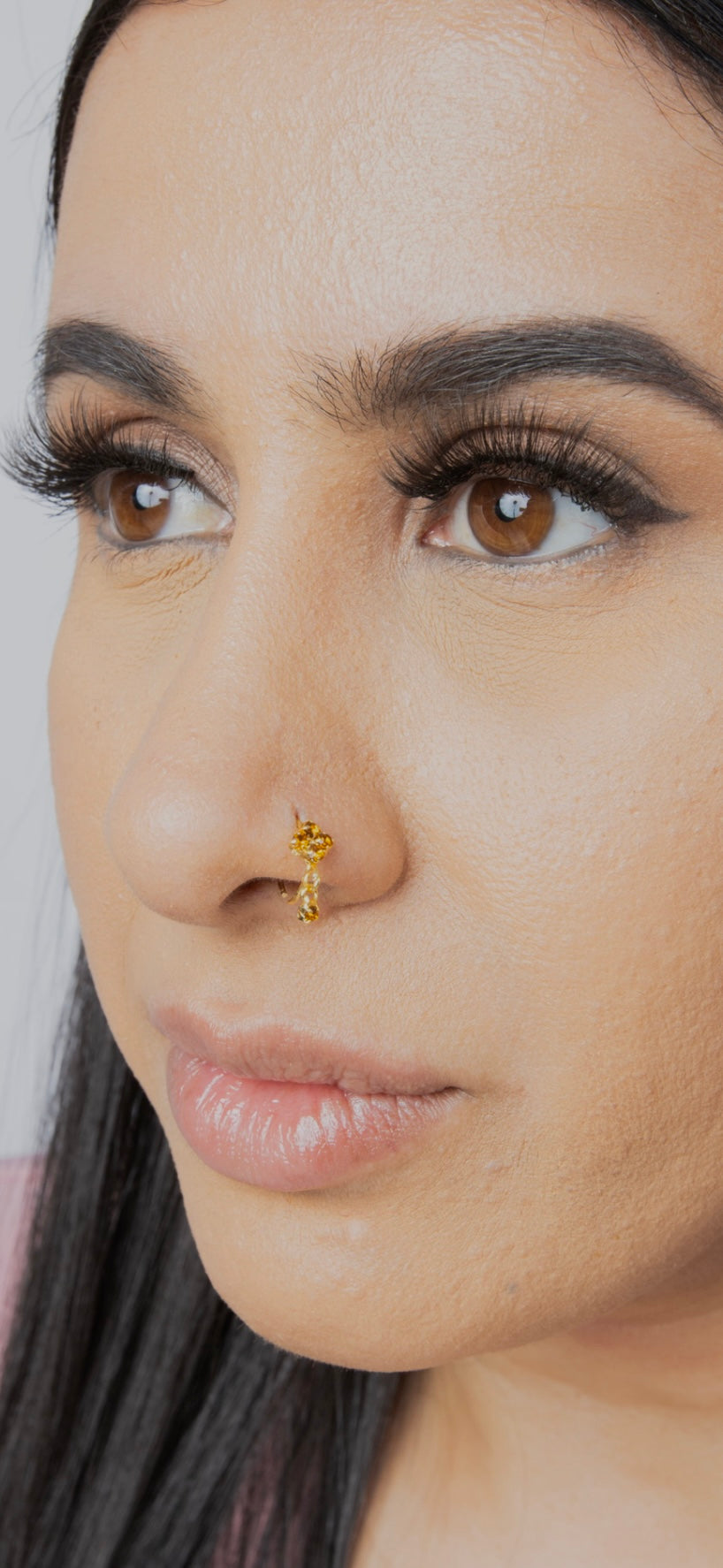 Brown Square Small Gem Dangle Gold Nose Ring For Pierced Nose