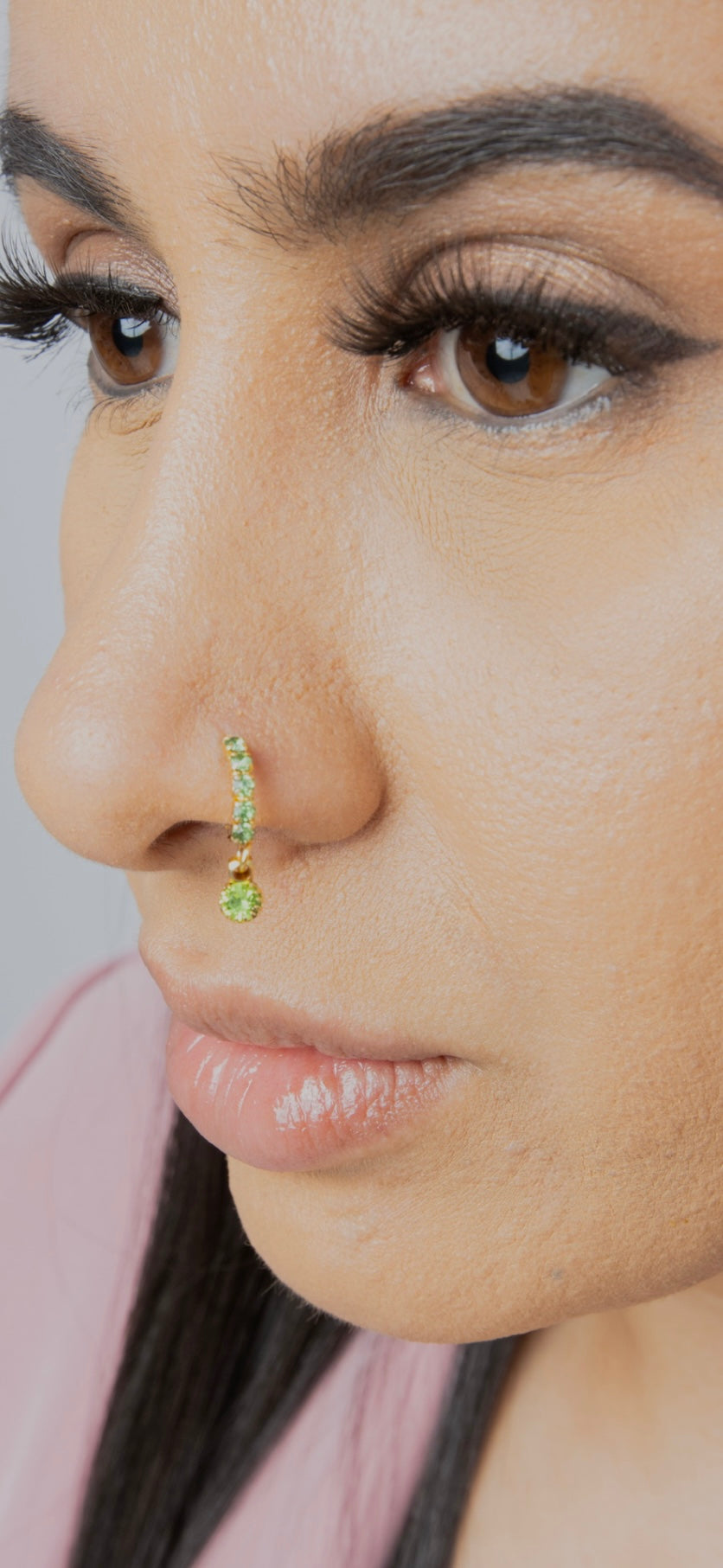 Green Stone Big Gem Dangle Gold Nose Ring For Pierced Nose