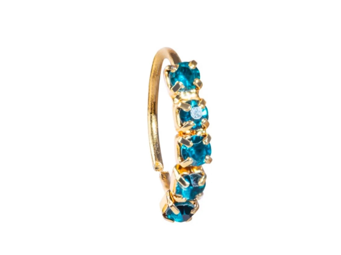 5 Stone Teal Gold Nose Ring For Non Pierced And Pierced Nose